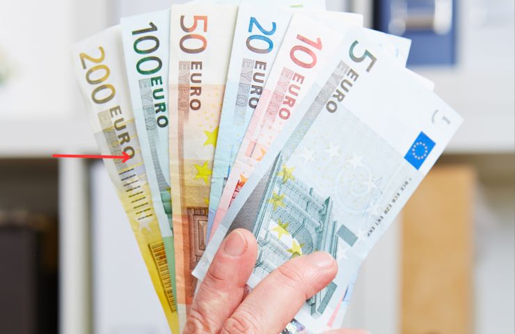 Mano di un uomo che tiene banconote euro di vario taglio