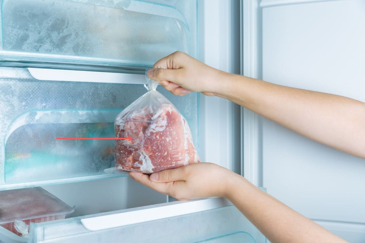 donna che tira fuor dal congelatore sacchetto di carne